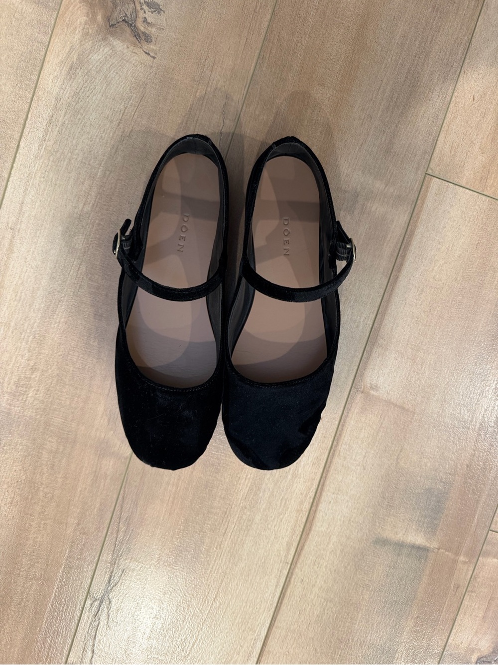 Doen Black Velvet Mary Jane Flats with Buckle Strap